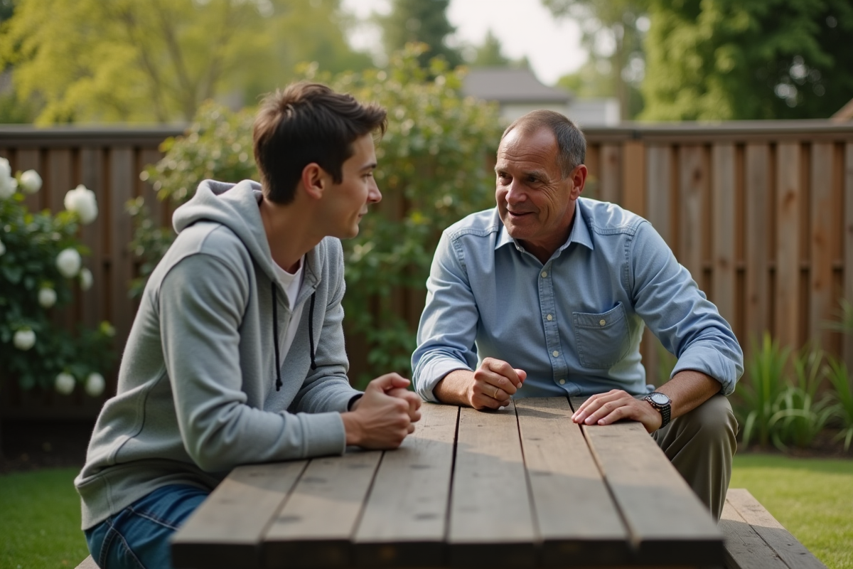 Pere et fils discutent dans le jardin en plein air