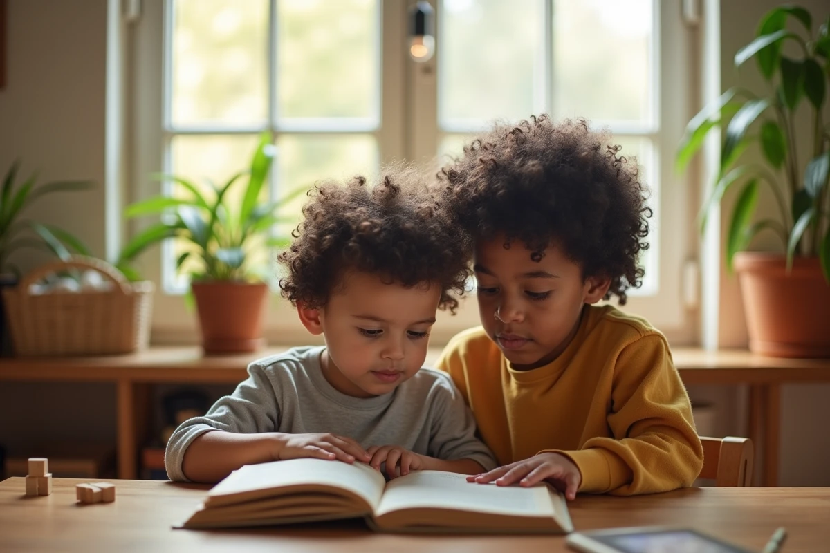 Père et fils partageant un livre dans un environnement familial chaleureux