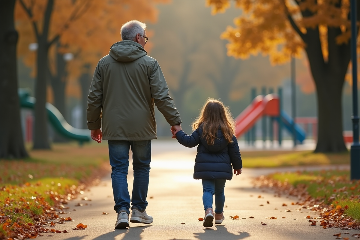 Papa et sa fille se promènent dans un parc en automne