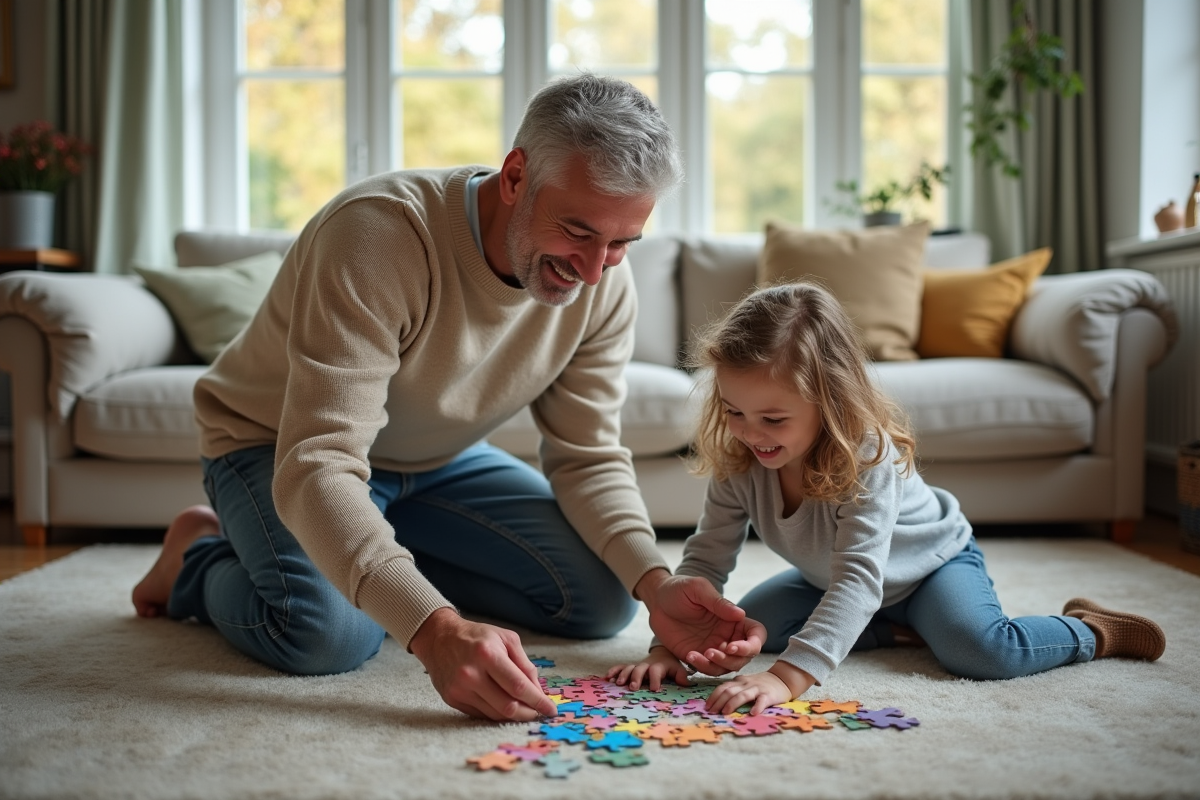 Père aidant sa fille à faire un puzzle dans le salon
