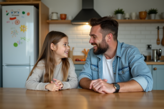 Père et fille discutant dans la cuisine familiale chaleureuse