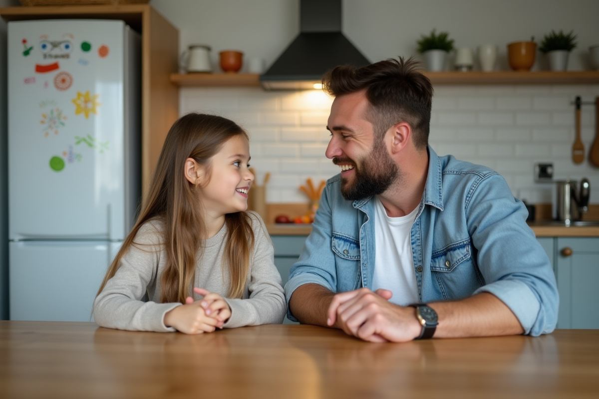 Père et fille discutant dans la cuisine familiale chaleureuse