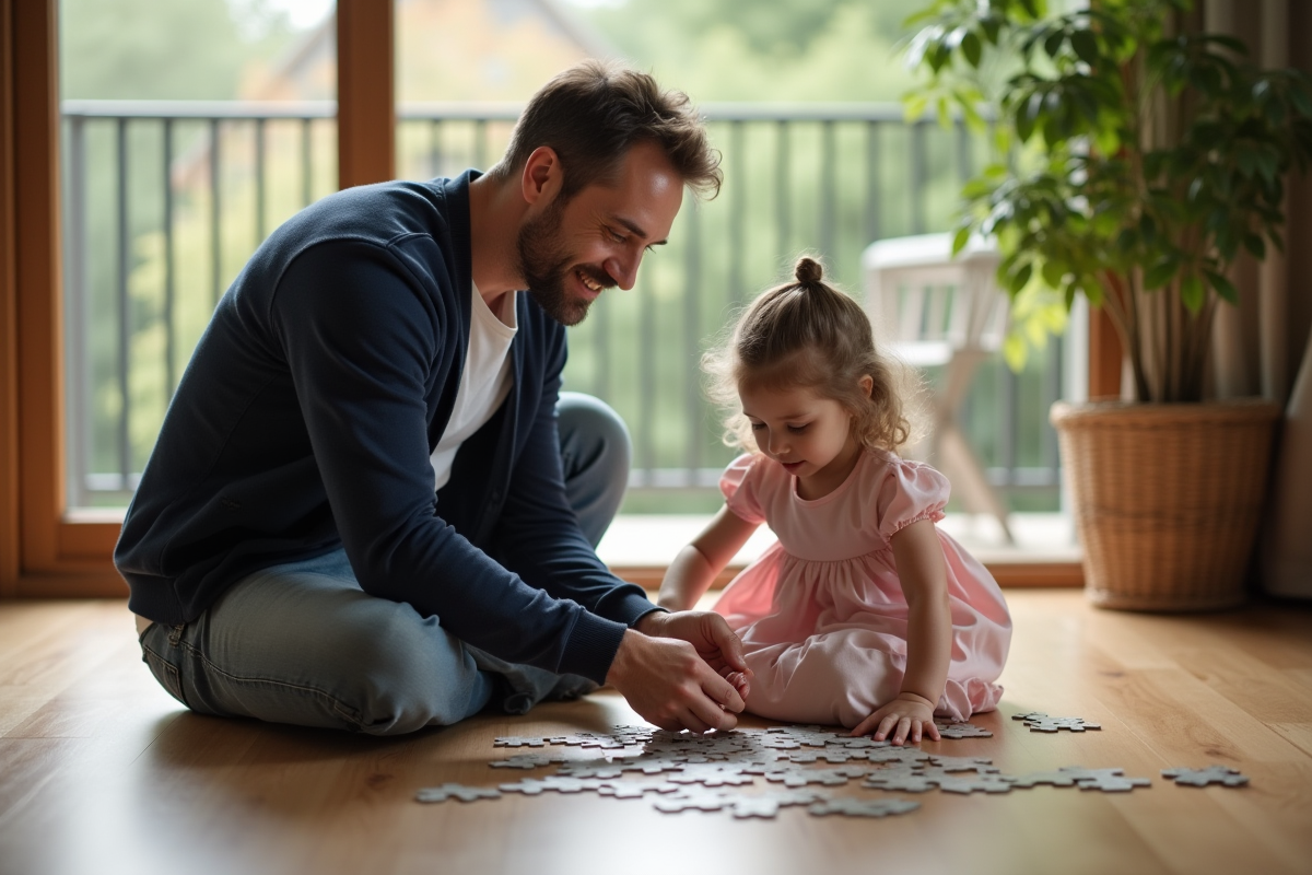 Père et fille construisent un puzzle à la maison