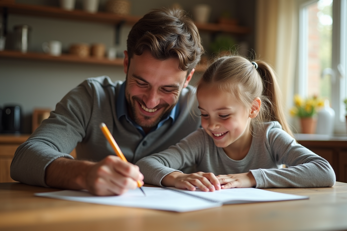 Père et fille travaillent ensemble sur les devoirs à la maison