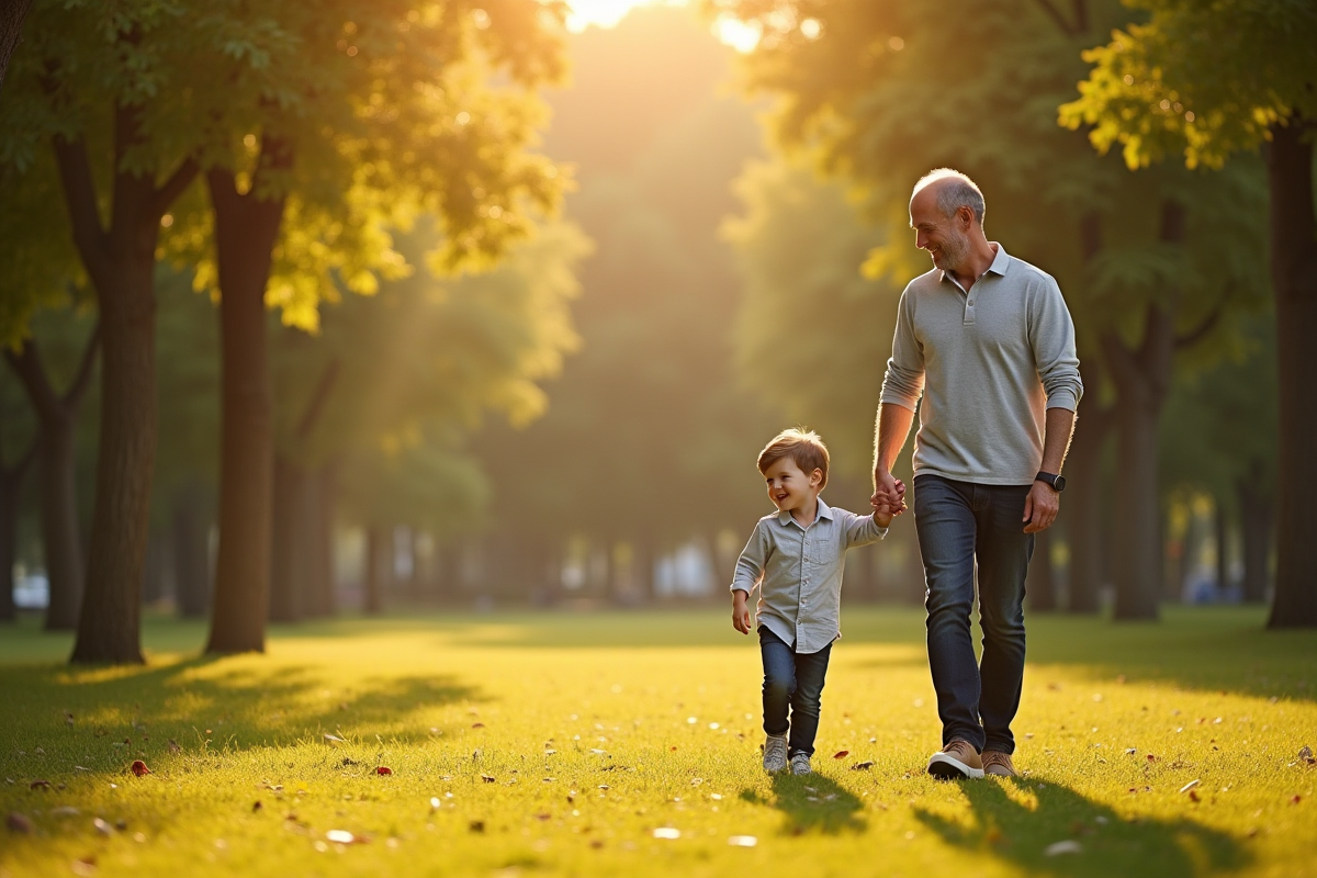 Père et fils marchant dans un parc ensoleille avec des grands arbres