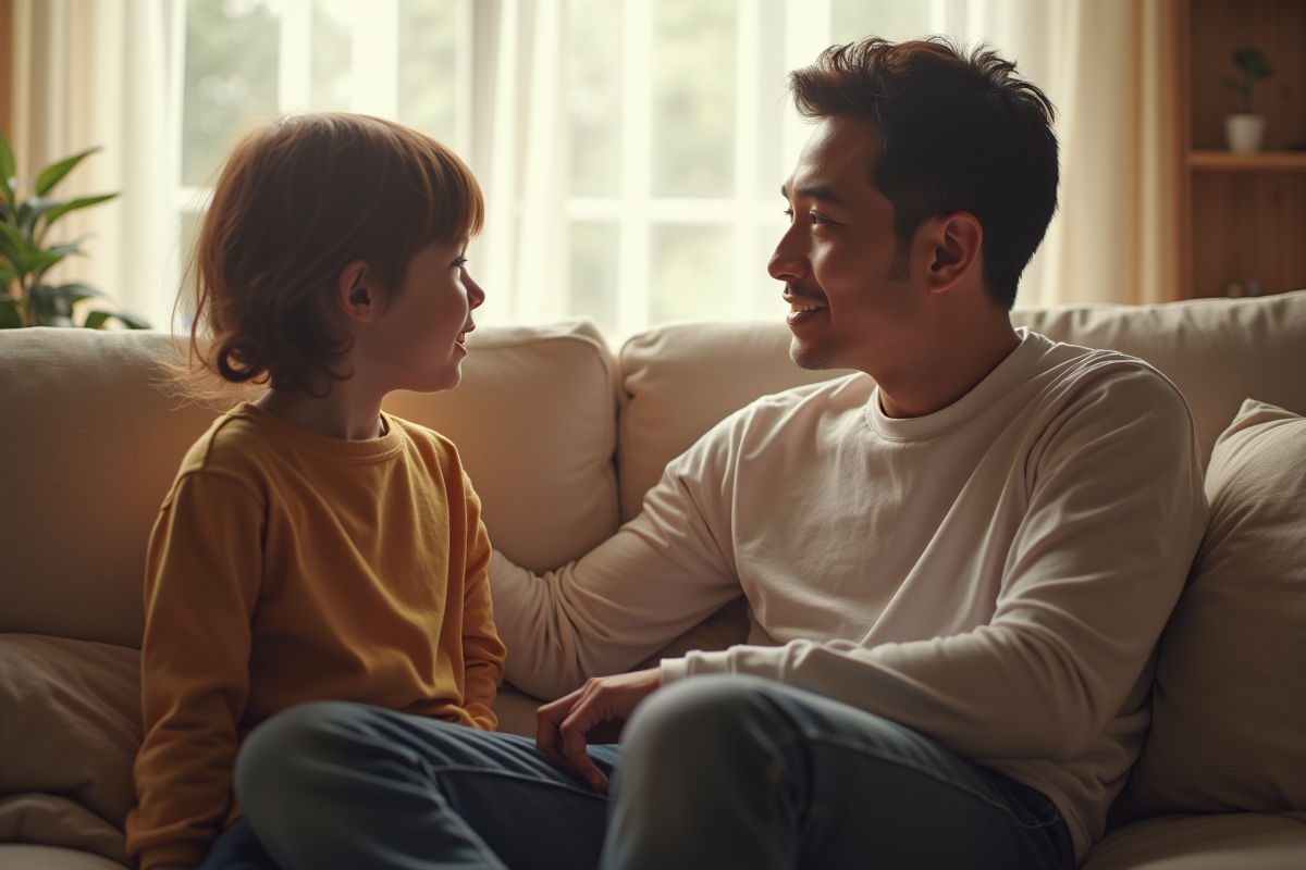Parent parlant calmement à un enfant dans un salon lumineux