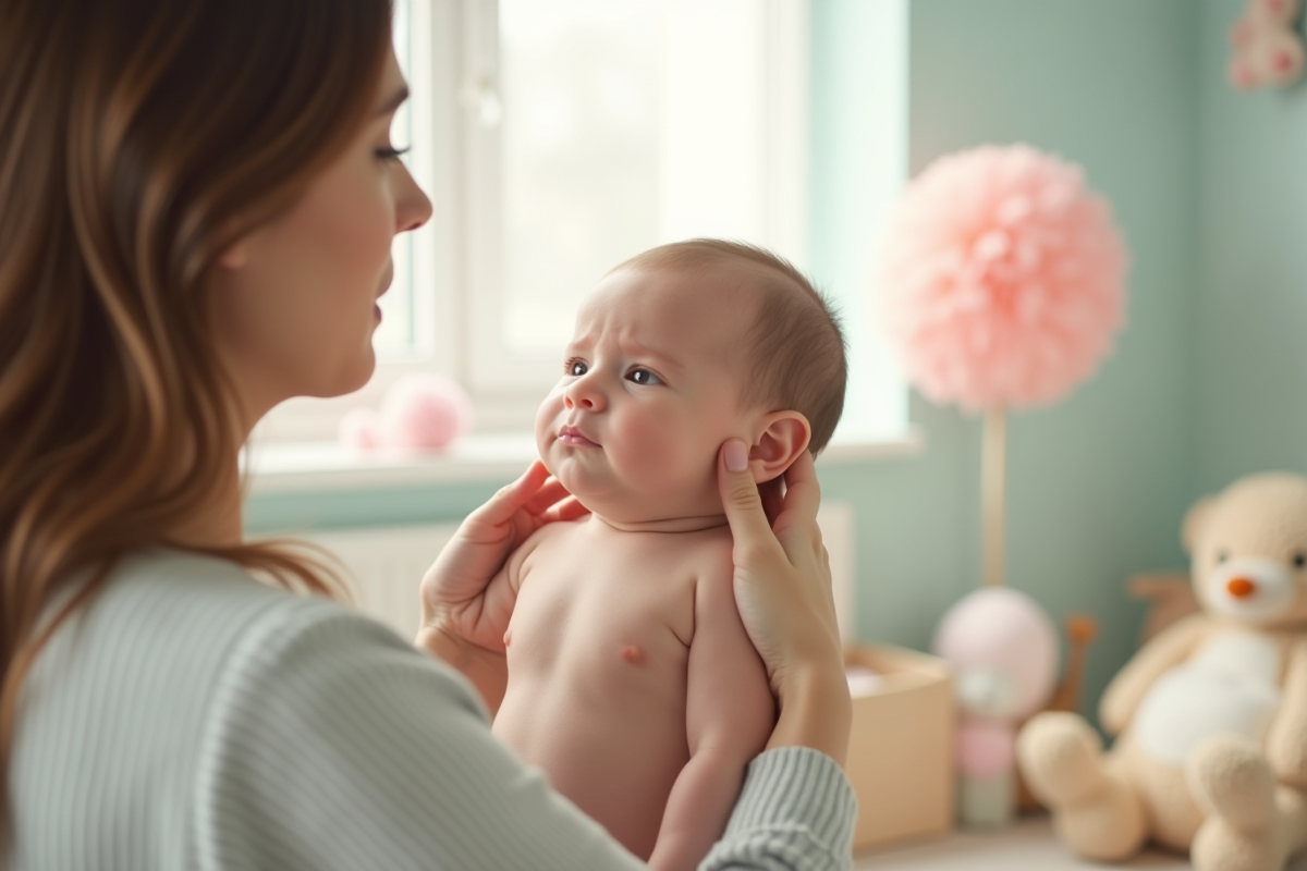 Parent soutenant doucement son bébé dans une nurserie lumineuse