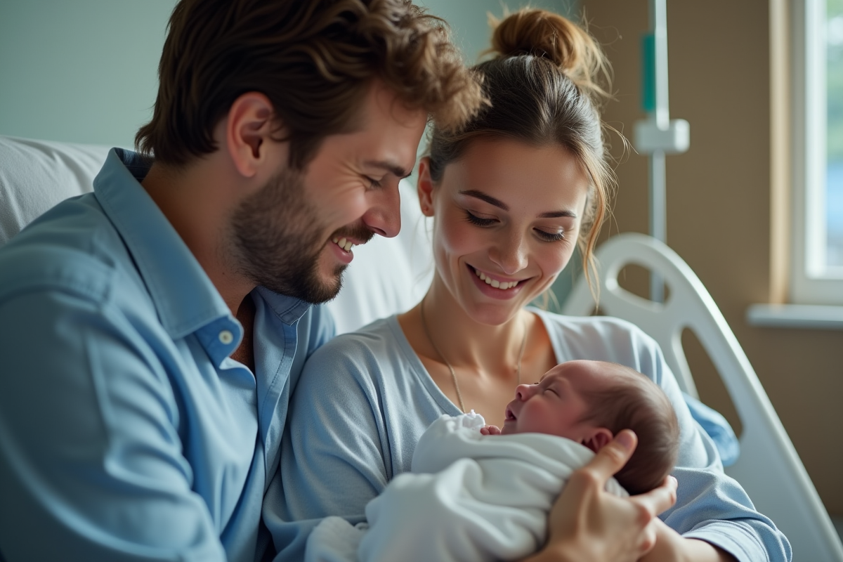 Parents tenant doucement un nouveau-né dans une chambre calme