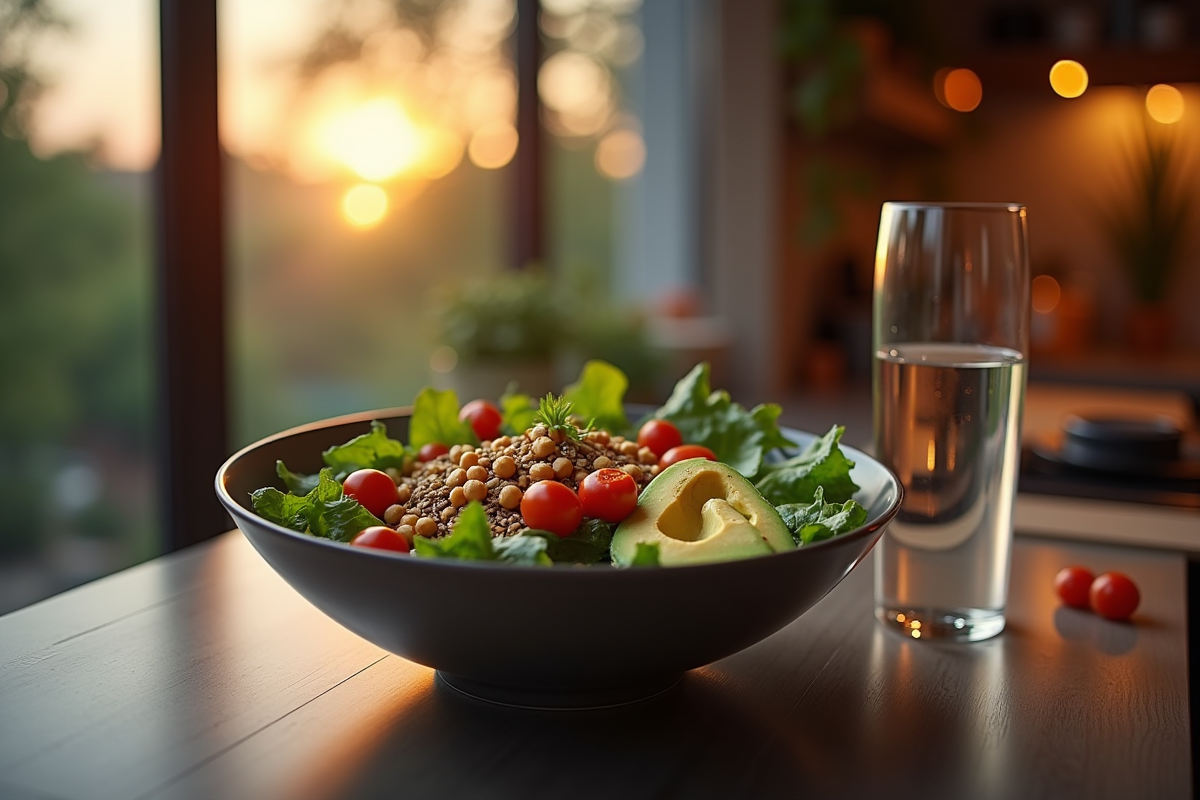 Salade fraîche dans une cuisine moderne au crépuscule