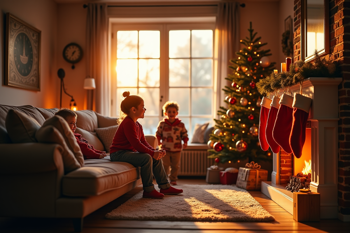Salon de Noël chaleureux avec famille et décorations festives