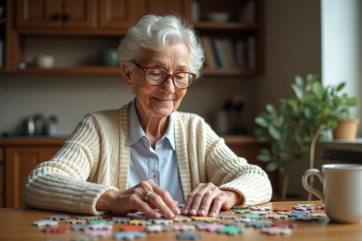 Femme âgée souriante faisant un puzzle en bois à la maison pour stimuler sa mémoire