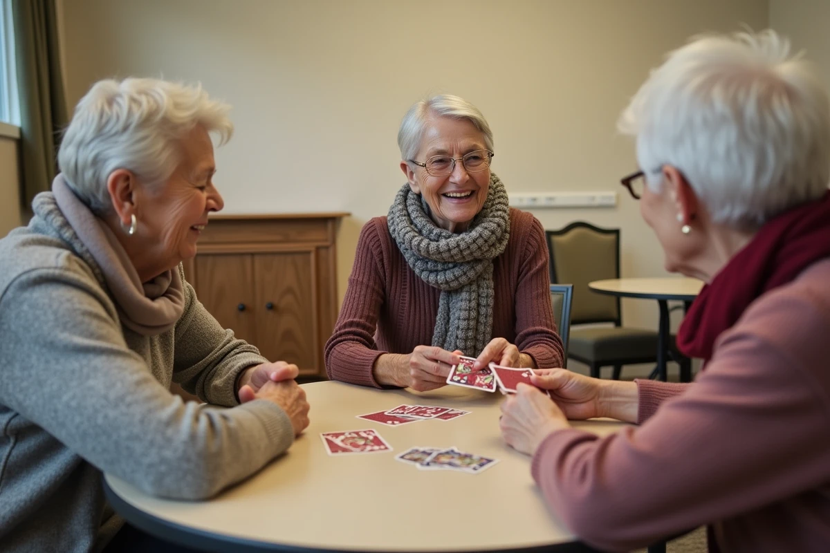 Groupe de femmes seniors jouant aux cartes dans un centre communautaire, stimulation cognitive et lien social