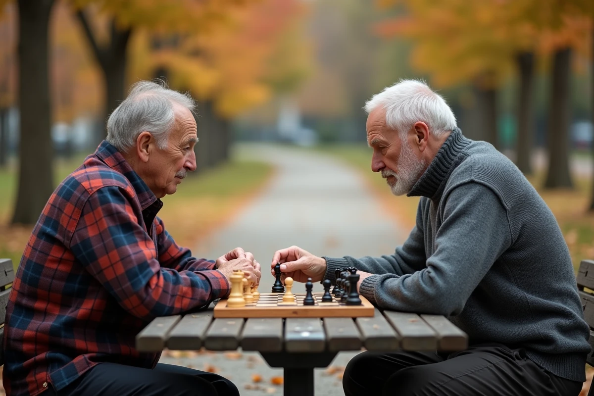 Deux hommes âgés jouant aux échecs dans un parc en automne, activité cognitive pour seniors